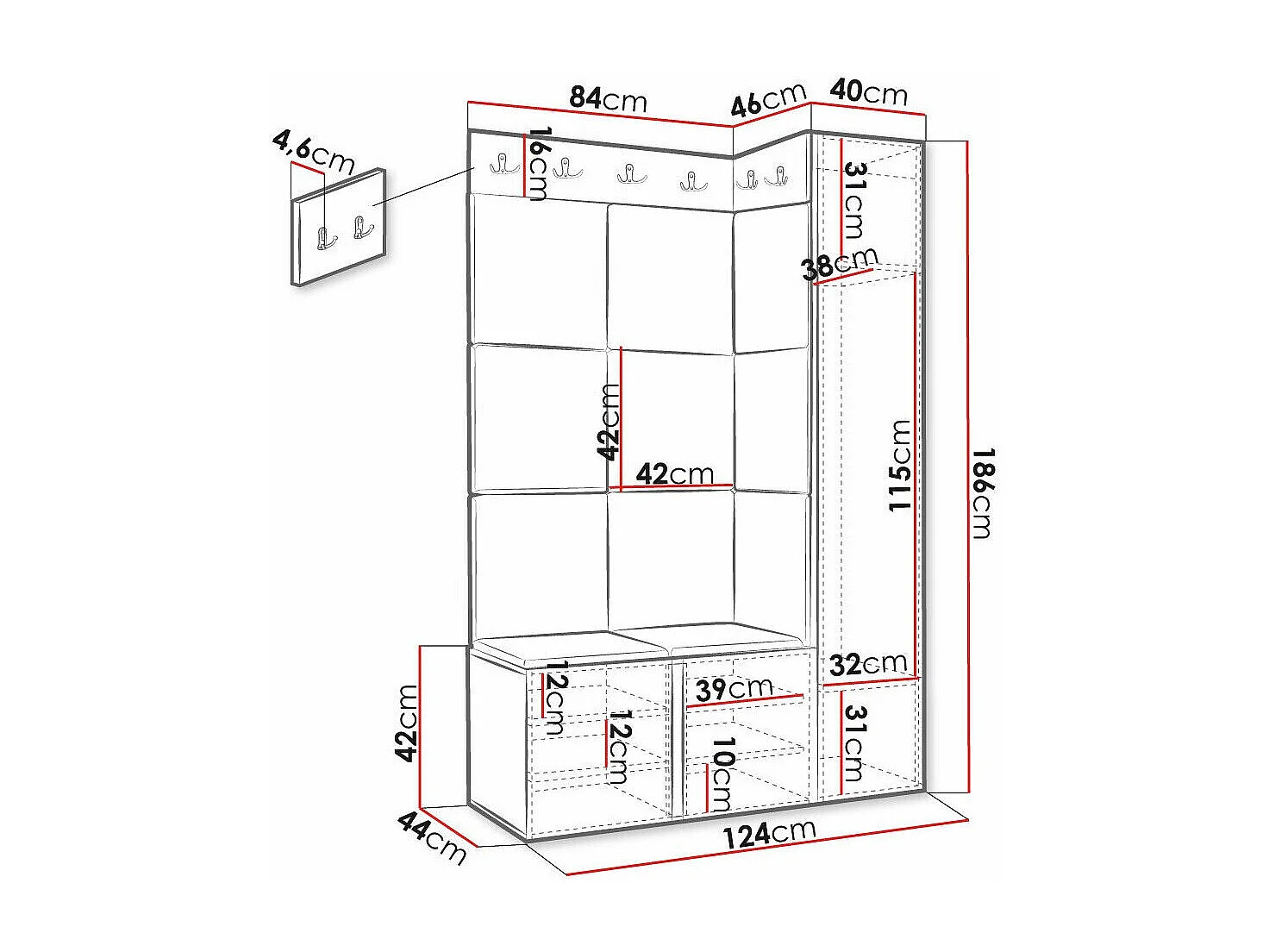Meuble d'entrée Hartford 377, 186x124x46cm, Marron|Blanc, Stratifié|Tapisserie|MDF