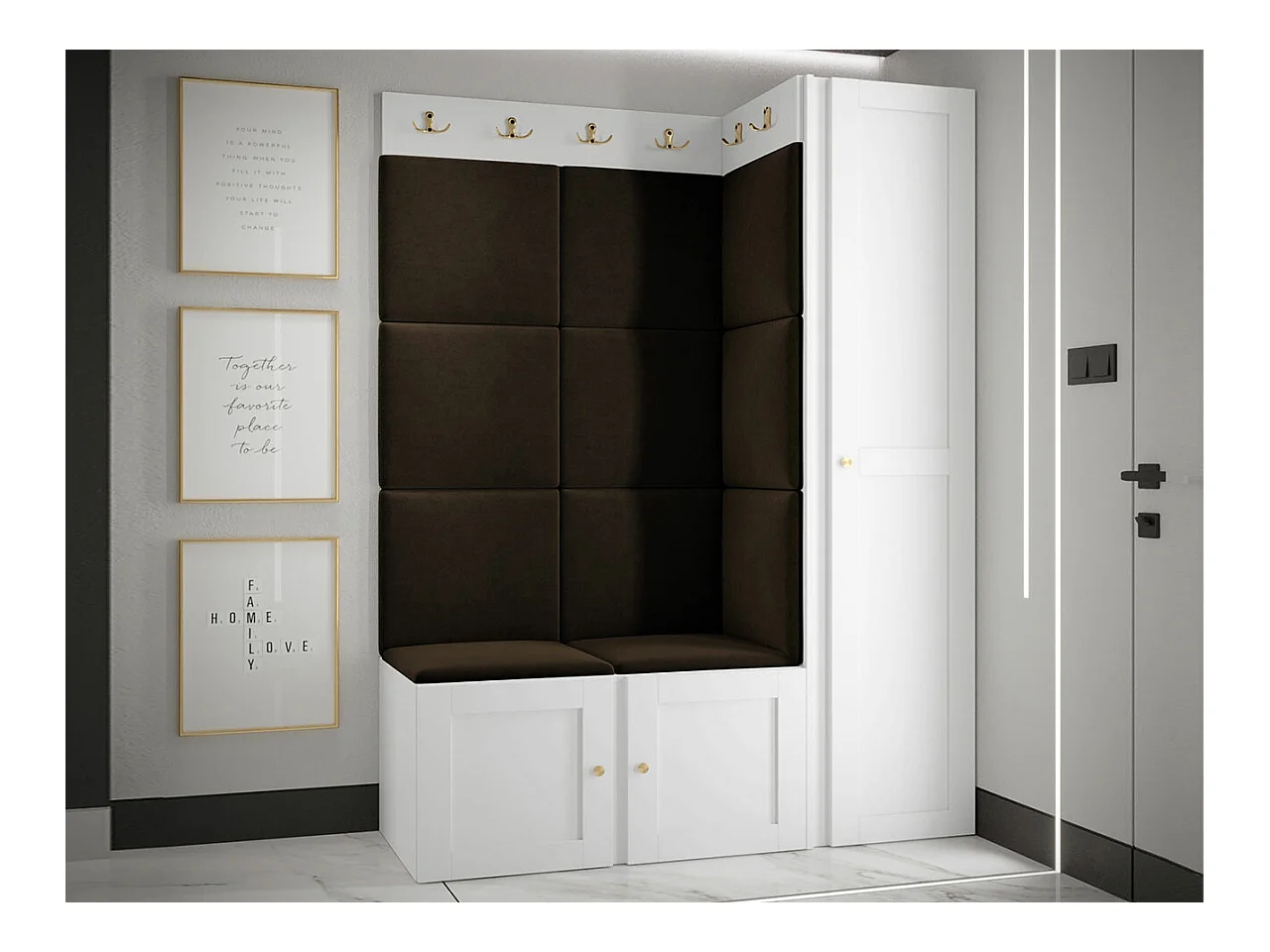 Conjunto pasillo Hartford 377, 186x124x46cm, Blanco|Marrón, MDF|Aglomerado laminado|Tapiz