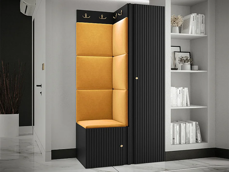 Meuble d'entrée Hartford 390, 186x82x46cm, Jaune|Noir, Stratifié|Tissu|MDF