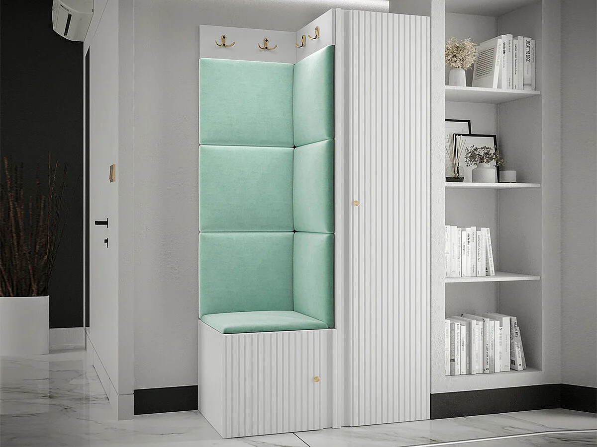 Meuble d'entrée Hartford 390, 186x82x46cm, Blanc|Turquoise, Stratifié|Tissu|MDF