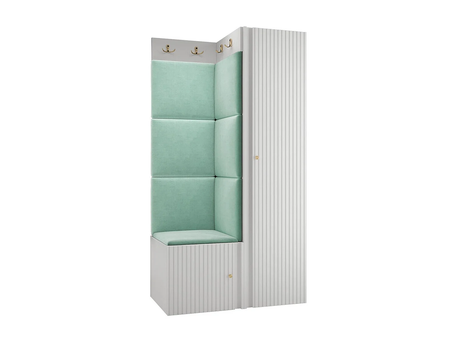 Meuble d'entrée Hartford 390, 186x82x46cm, Blanc|Turquoise, Stratifié|Tissu|MDF