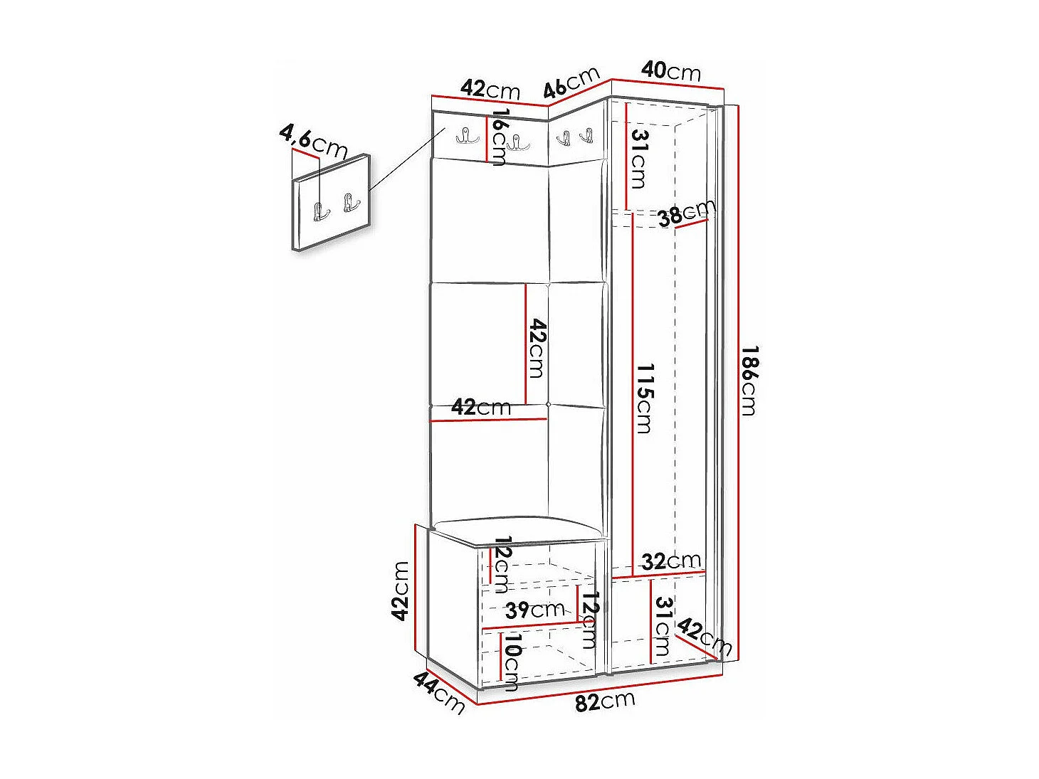 Meuble d'entrée Hartford 390, 186x82x46cm, Blanc|Turquoise, Stratifié|Tissu|MDF
