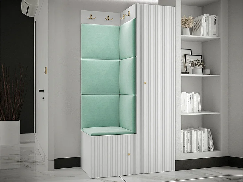 Meuble d'entrée Hartford 390, 186x82x46cm, Blanc|Turquoise, Stratifié|Tissu|MDF