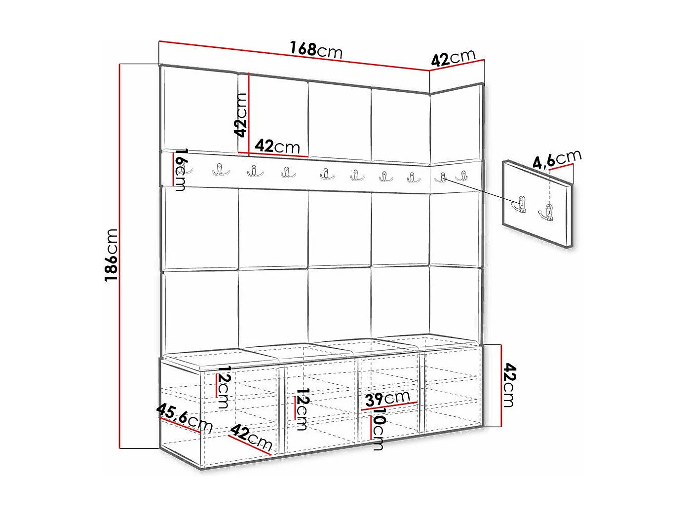 Meuble d'entrée Hartford 265, 186x168x46cm, Marron|Blanc, Tissu|Stratifié, Murale|À poser