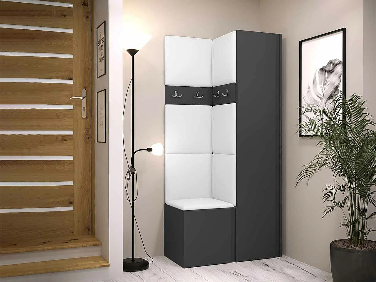 Conjunto pasillo Hartford 348, 186x82x44cm, Grafito, Aglomerado laminado|Cuero ecológico