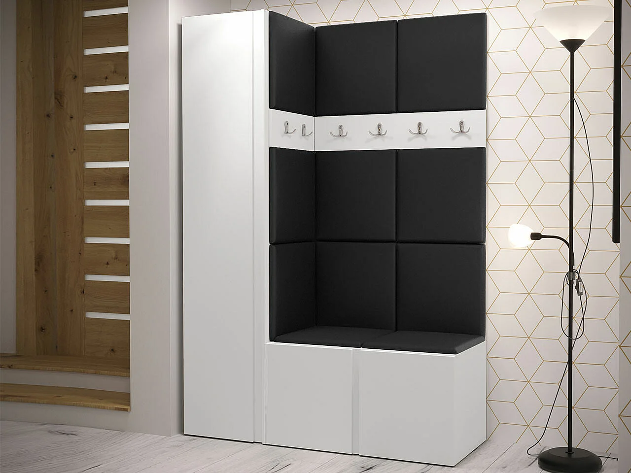 Conjunto pasillo Hartford 471, 186x124x44cm, Blanco, Aglomerado laminado|Cuero ecológico