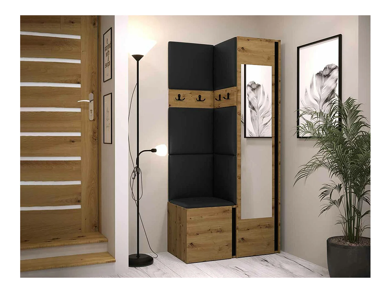 Meuble d'entrée Hartford 354, 186x82x44cm, Miroir, Noir|Chêne Artisan