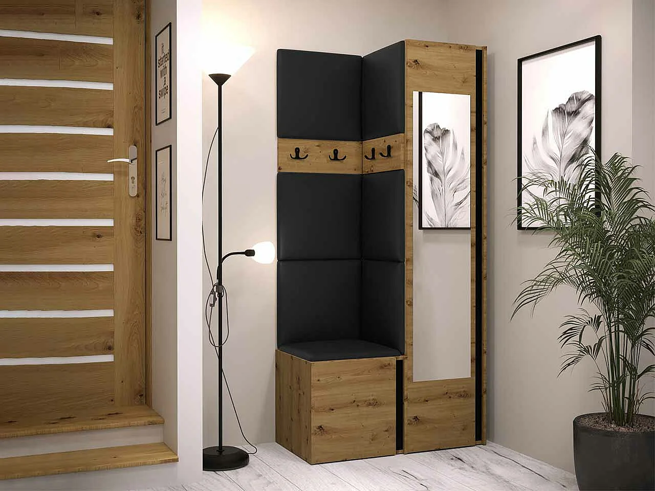 Conjunto pasillo Hartford 354, 186x82x44cm, Espejo, Negro|Roble Artisan