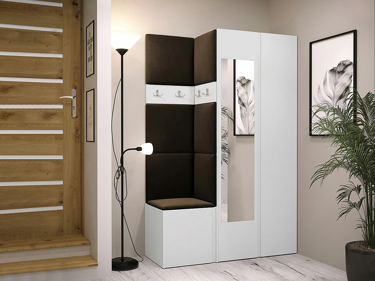 Meuble d'entrée Hartford 350, 186x116x44cm, Disponible, Marron|Blanc, Stratifié|Tissu