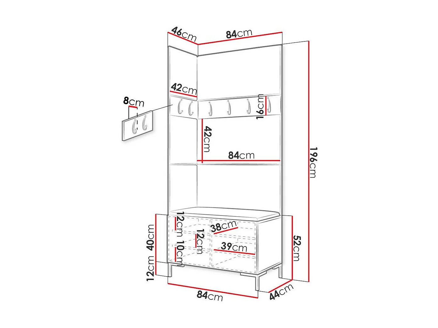 Set mobili da ingresso Hartford F103, 196x84x46cm, Bianco, Arazzo|Truciolare laminato