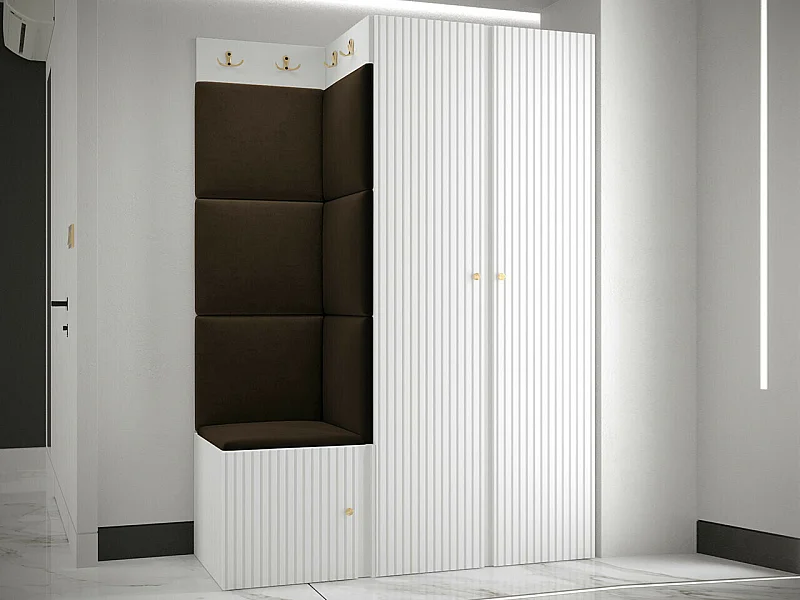 Meuble d'entrée Hartford 387, 186x116x46cm, Marron|Blanc, MDF|Stratifié|Tissu