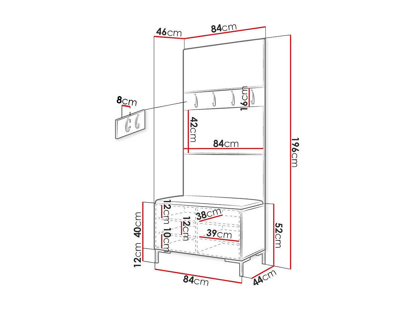 Meuble d'entrée Tivsoa 102, 196x84x46cm, Noir, Tissu|Stratifié, À poser|Murale