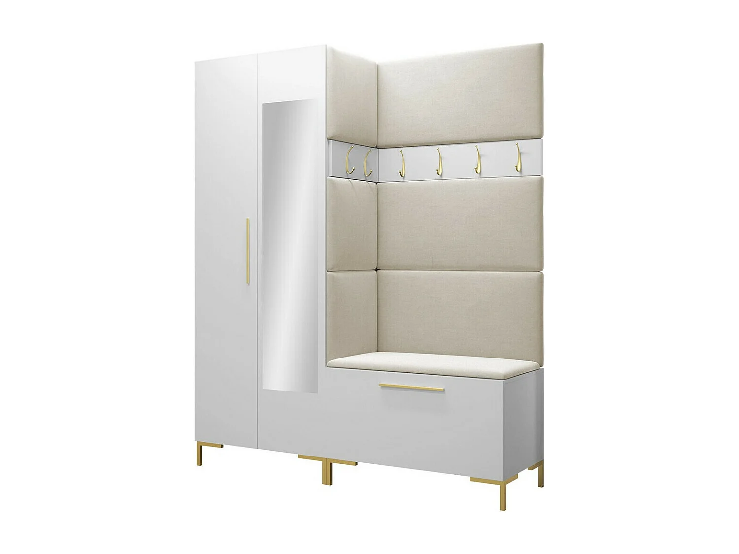 Meuble d'entrée Tivsoa 107, 196x158x46cm, Disponible, Blanc, Stratifié|Tissu