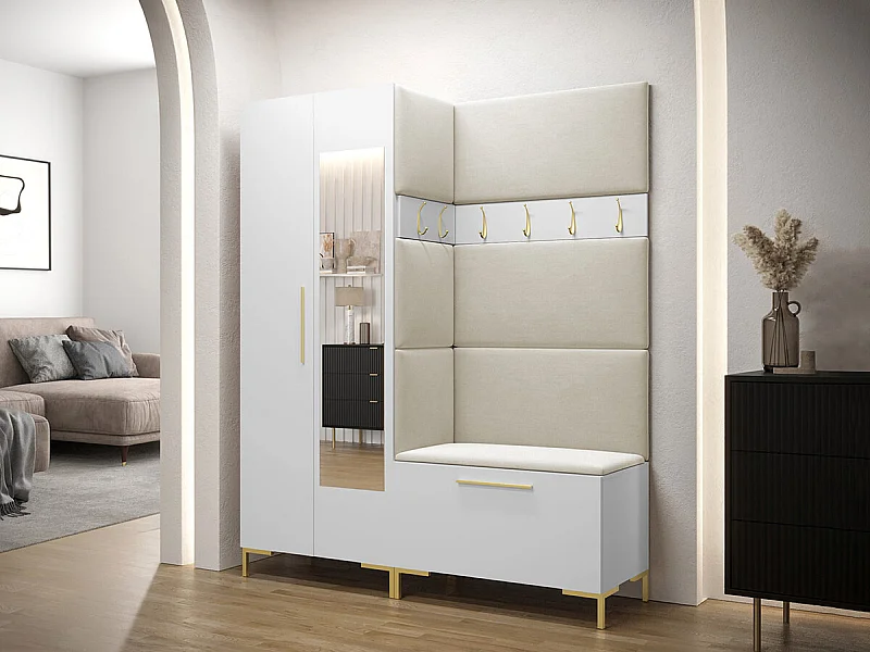 Meuble d'entrée Tivsoa 107, 196x158x46cm, Disponible, Blanc, Stratifié|Tissu