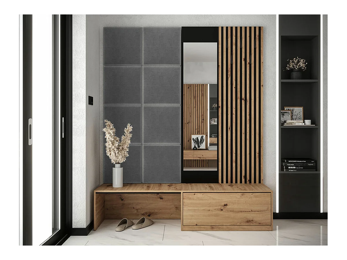 Set mobili da ingresso Hartford 322, 205x172x42cm, Specchio, Rovere Artisan|Nero
