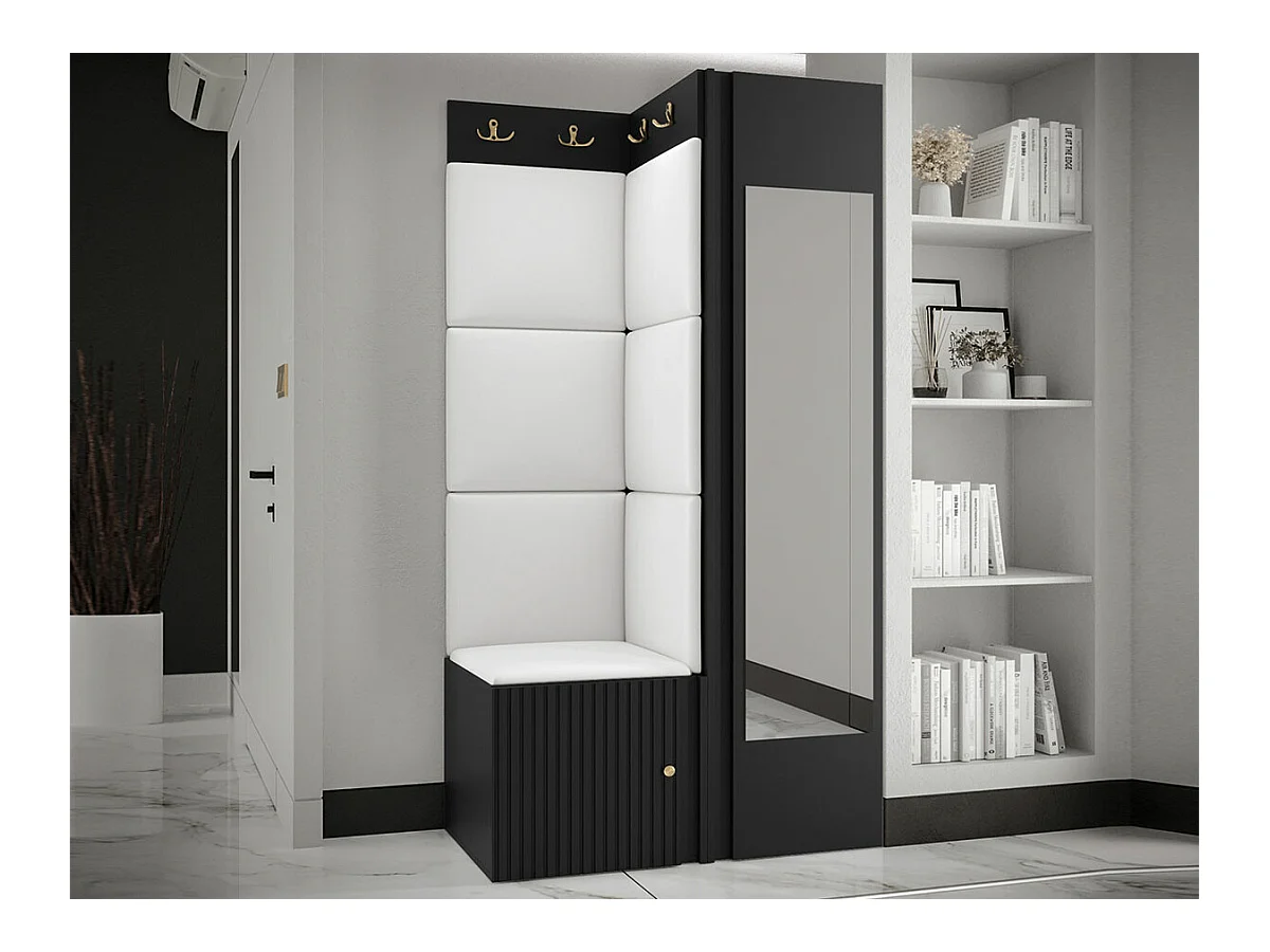 Meuble d'entrée Hartford 391, 186x82x46cm, Miroir, Blanc|Noir, MDF|Stratifié|Faux cuir