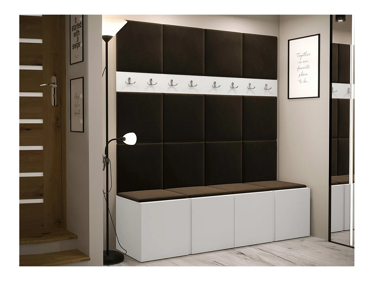 Conjunto pasillo Hartford 268, 186x168x46cm, Blanco|Marrón, Aglomerado laminado|Tapiz