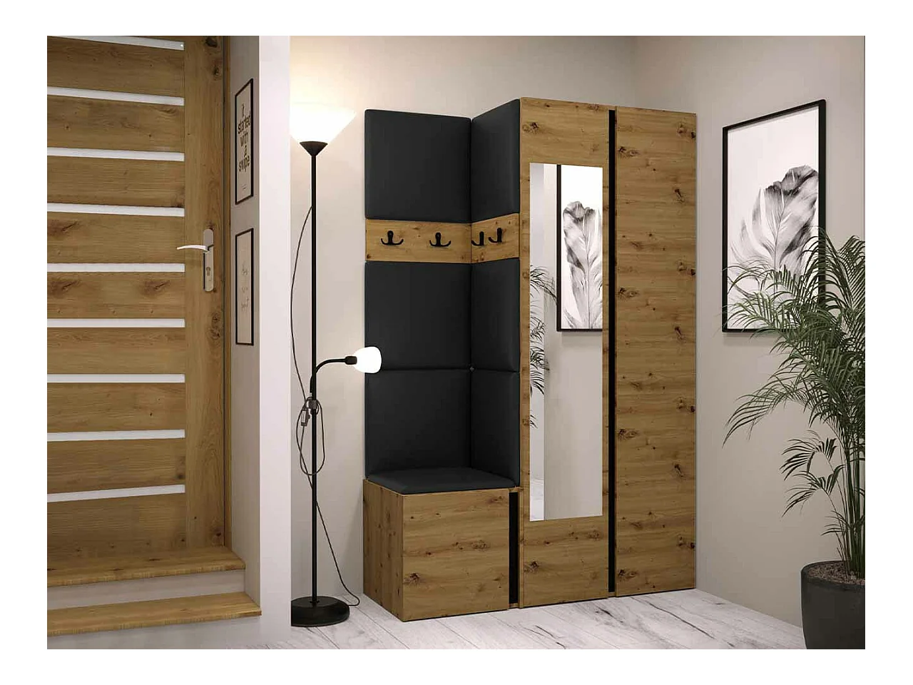 Meuble d'entrée Hartford 350, 186x116x44cm, Miroir, Noir|Chêne Artisan
