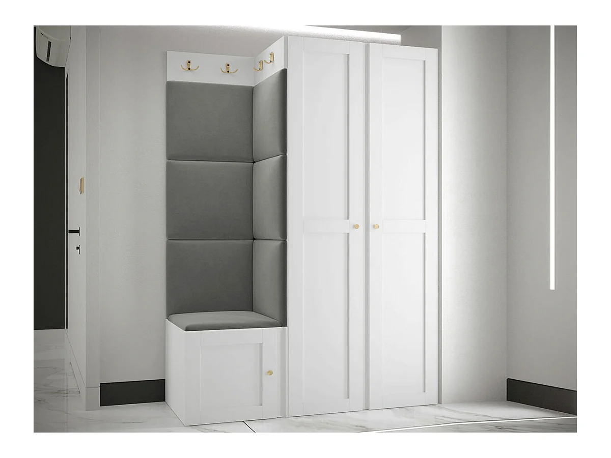 Meuble d'entrée Hartford 379, 186x116x46cm, Blanc|Gris, Tapisserie|MDF|Stratifié