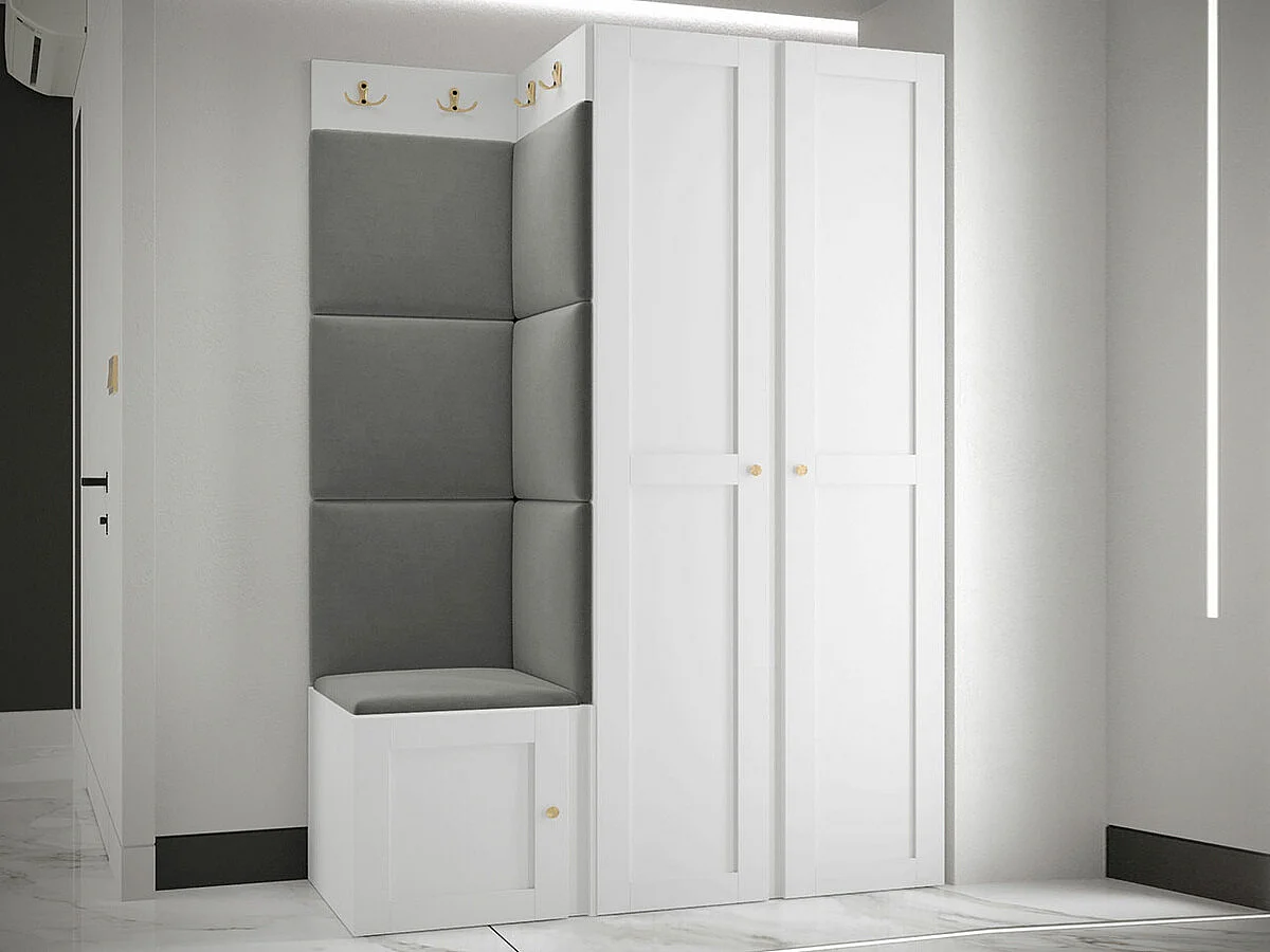 Meuble d'entrée Hartford 379, 186x116x46cm, Gris|Blanc, Stratifié|Tissu|MDF