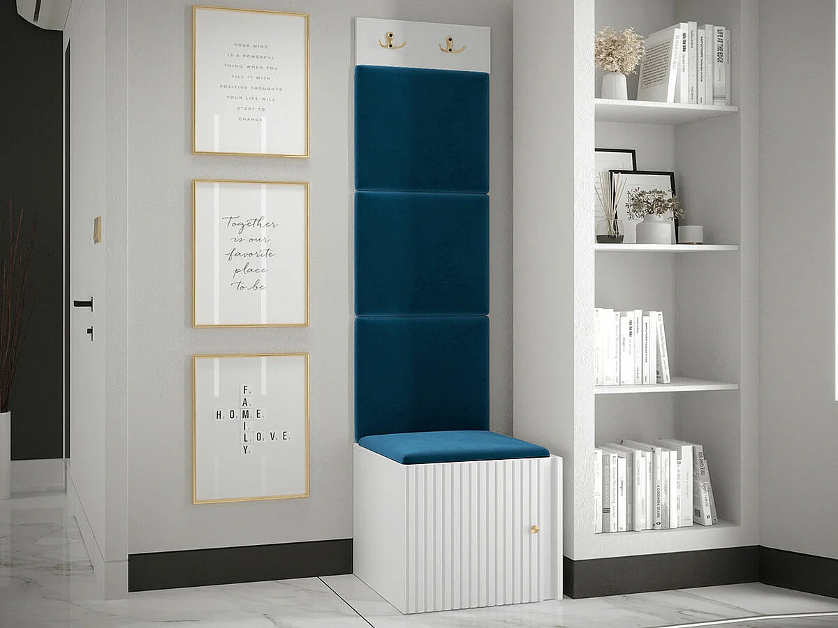 Conjunto pasillo Hartford 386, 186x42x46cm, Blanco|Azul, MDF|Aglomerado laminado|Tapiz