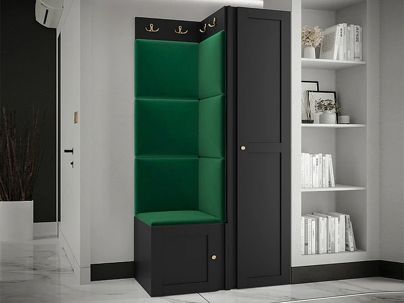 Meuble d'entrée Hartford 381, 186x82x46cm, Noir|Vert, Tissu|MDF|Stratifié, À poser|Murale