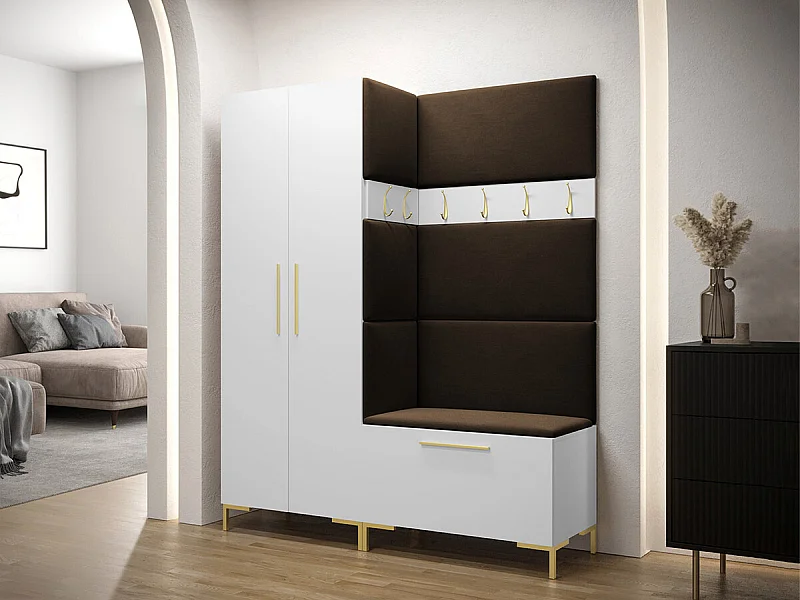 Meuble d'entrée Tivsoa 100, 196x158x44cm, Blanc|Brun foncé, Tissu|Stratifié