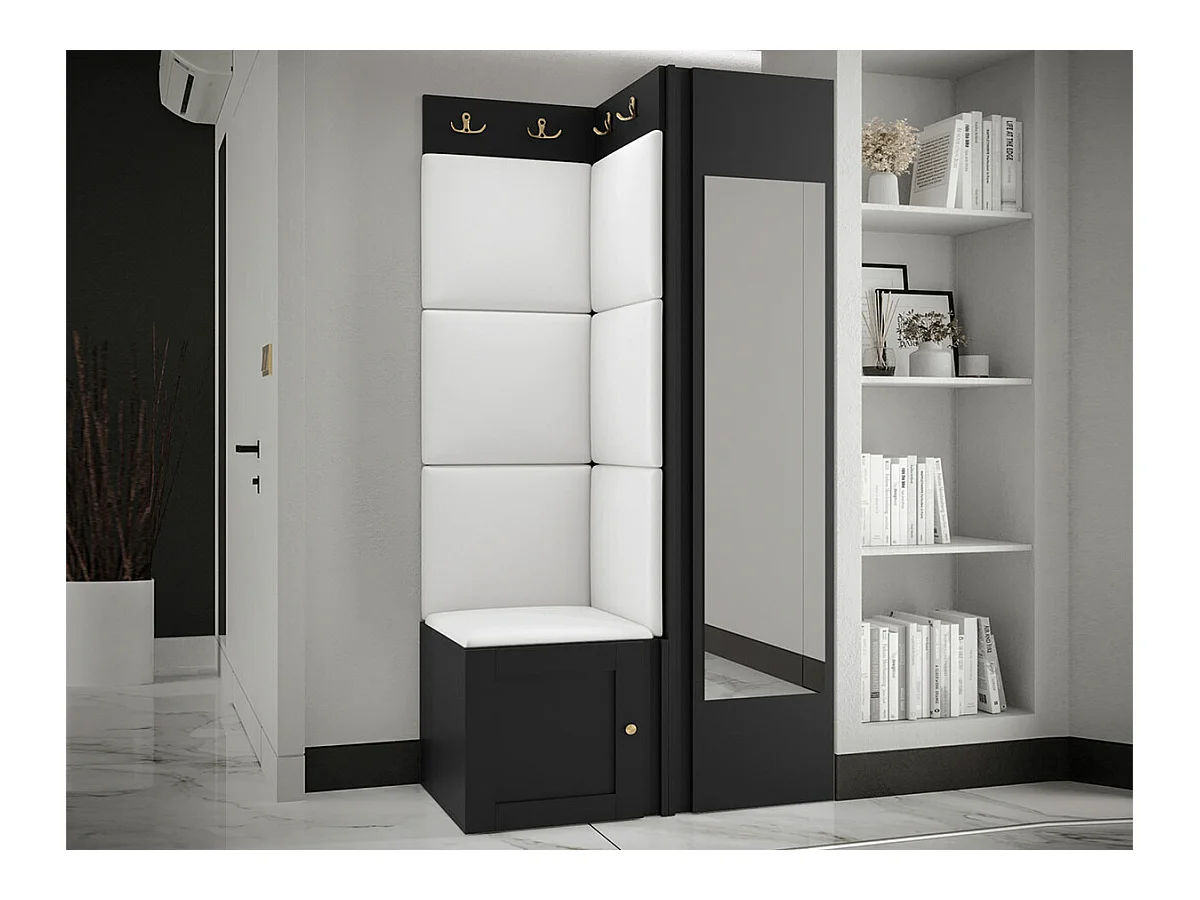 Meuble d'entrée Hartford 382, 186x82x46cm, Miroir, Noir|Blanc, Stratifié|Faux cuir|MDF