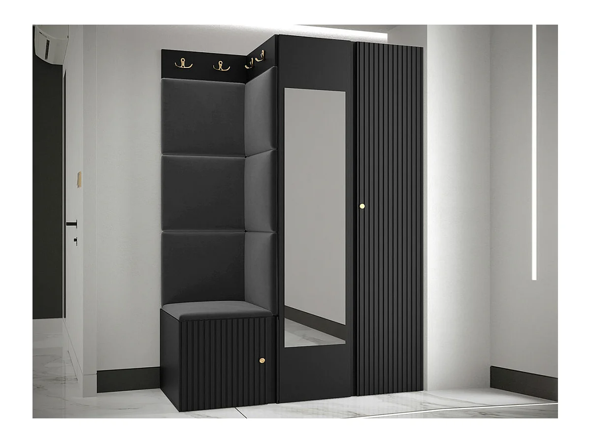 Conjunto pasillo Hartford 388, 186x116x46cm, Espejo, Negro, MDF|Aglomerado laminado|Tapiz