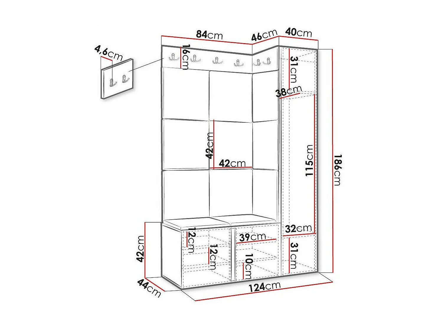 Conjunto pasillo Hartford 377, 186x124x46cm, Blanco|Gris, MDF|Aglomerado laminado|Tapiz