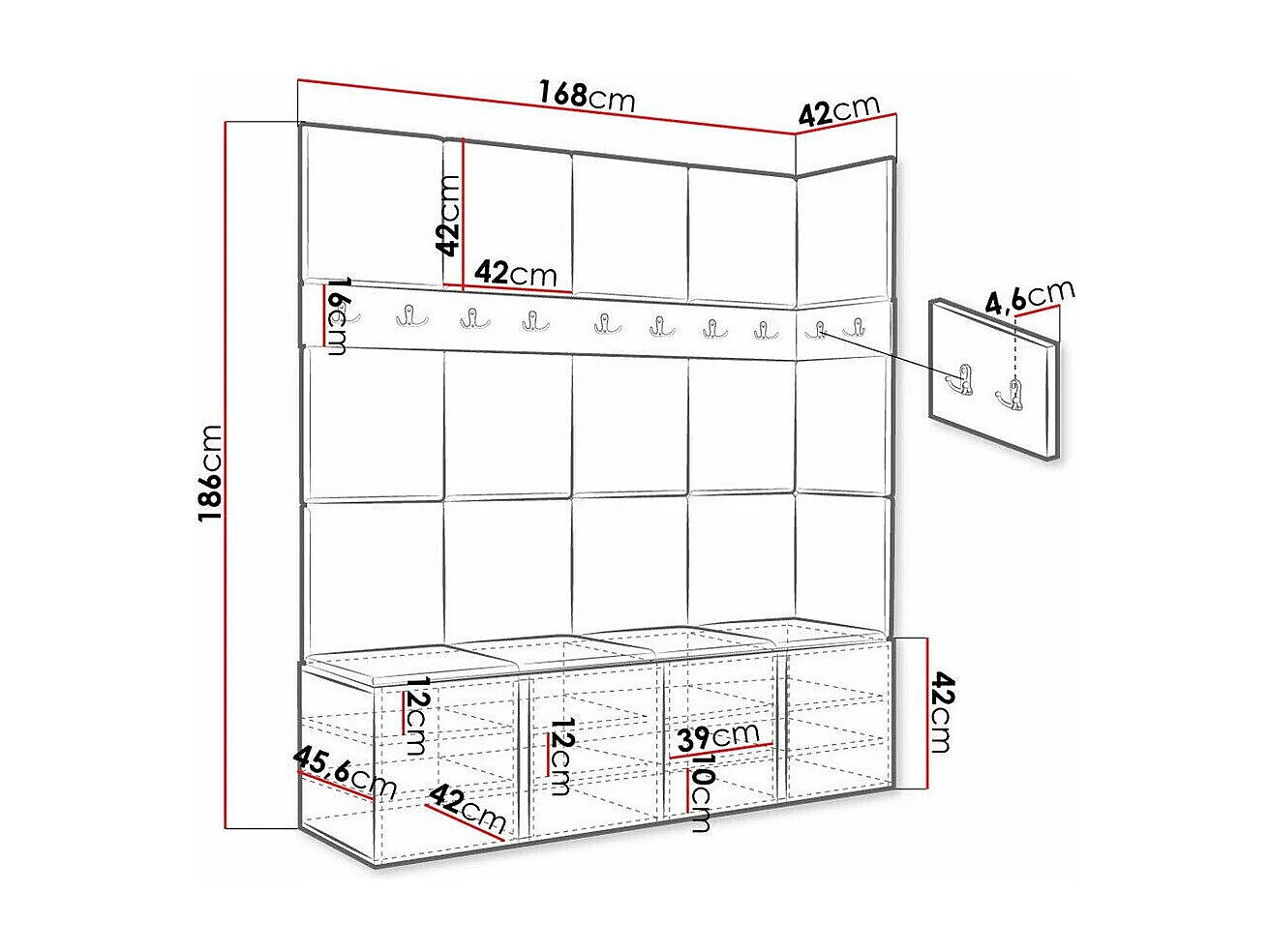Meuble d'entrée Hartford 265, 186x168x46cm, Chêne Artisan, Tissu|Stratifié