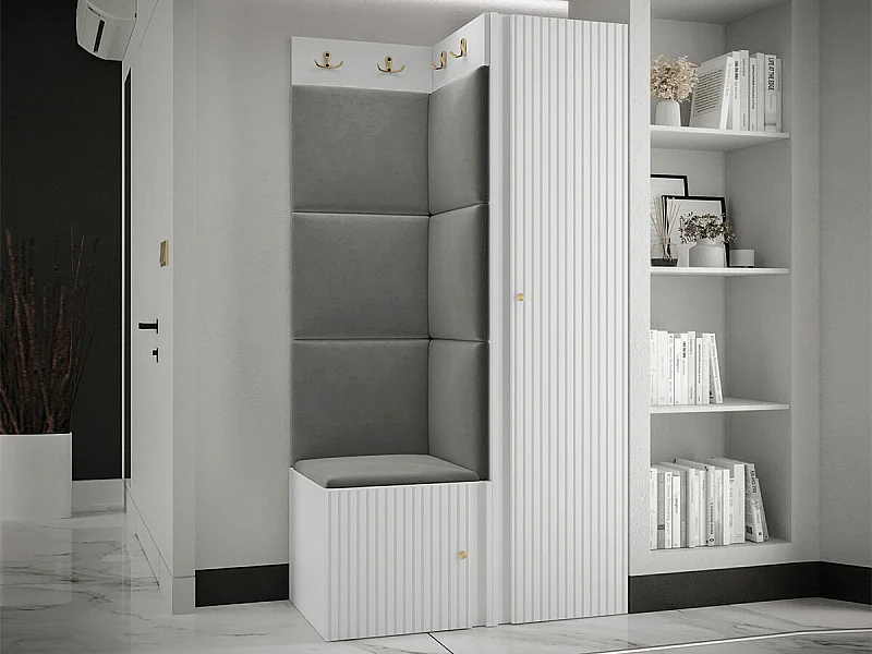 Meuble d'entrée Hartford 390, 186x82x46cm, Gris|Blanc, Stratifié|Tissu|MDF