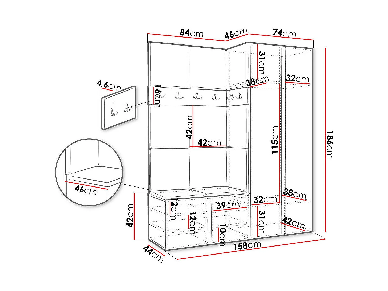 Meuble d'entrée Hartford 278, 186x158x46cm, Disponible, Blanc, Tissu|Stratifié