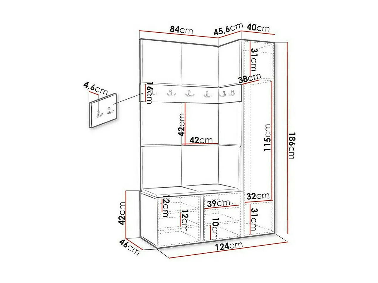 Conjunto pasillo Hartford 277, 186x124x46cm, Espejo, Blanco, Aglomerado laminado|Tapiz