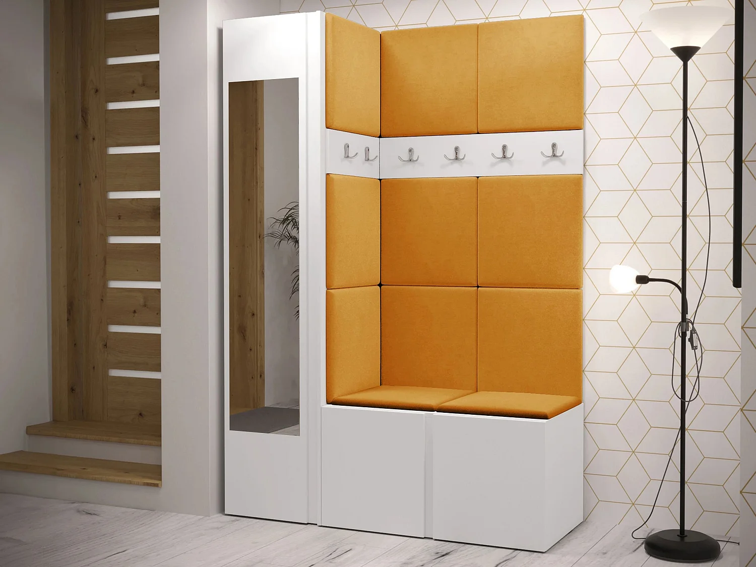 Meuble d'entrée Hartford 277, 186x124x46cm, Disponible, Blanc, Tissu|Stratifié