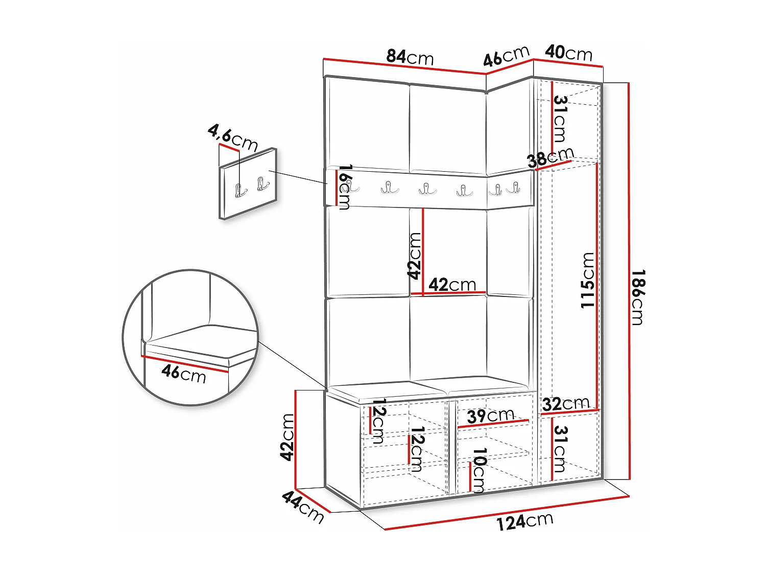 Meuble d'entrée Hartford 277, 186x124x46cm, Disponible, Blanc, Tissu|Stratifié