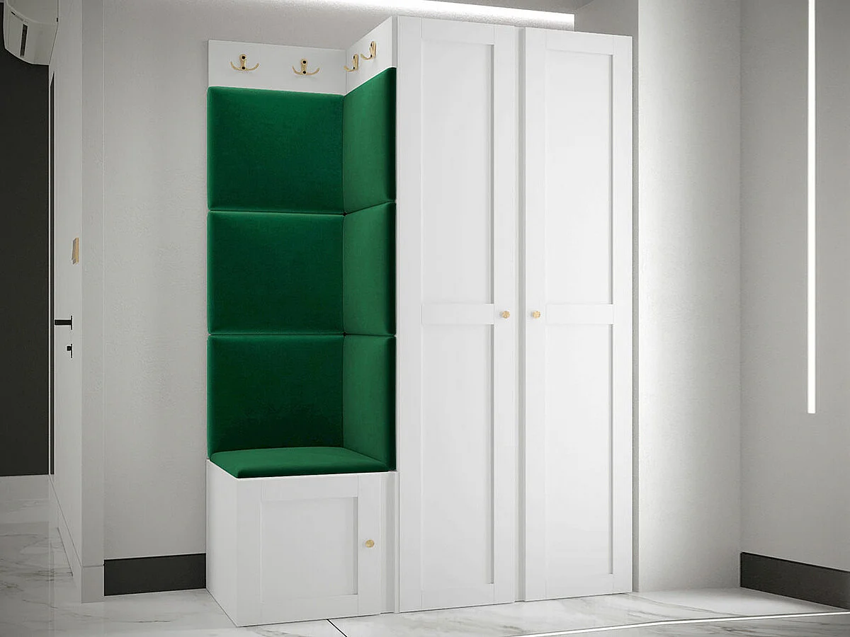 Meuble d'entrée Hartford 379, 186x116x46cm, Blanc|Vert, Stratifié|Tapisserie|MDF