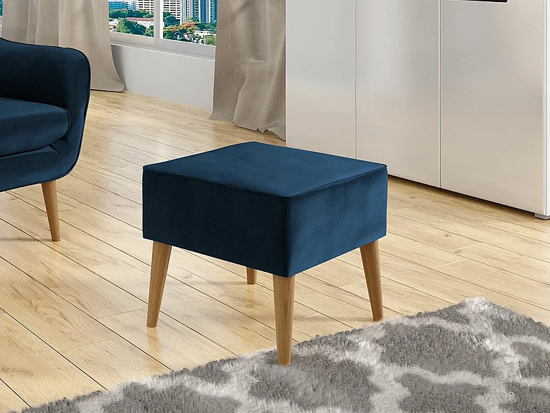Pouf Comfivo 205, Bleu, 41x45x45cm, Tapisserie, Pieds: Bois