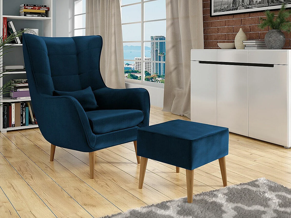 Puf Comfivo 205, Azul, 41x45x45cm, Tapiz, Patas: Madera