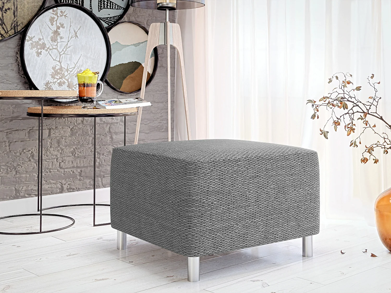 Pouf Comfivo 126, Gris, 42x56x65cm, Tissu, Pieds: Plastique