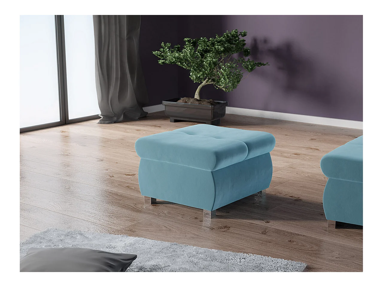 Pouf Comfivo 122, Bleu, 39x60x60cm, Tapisserie, Pieds: Métal