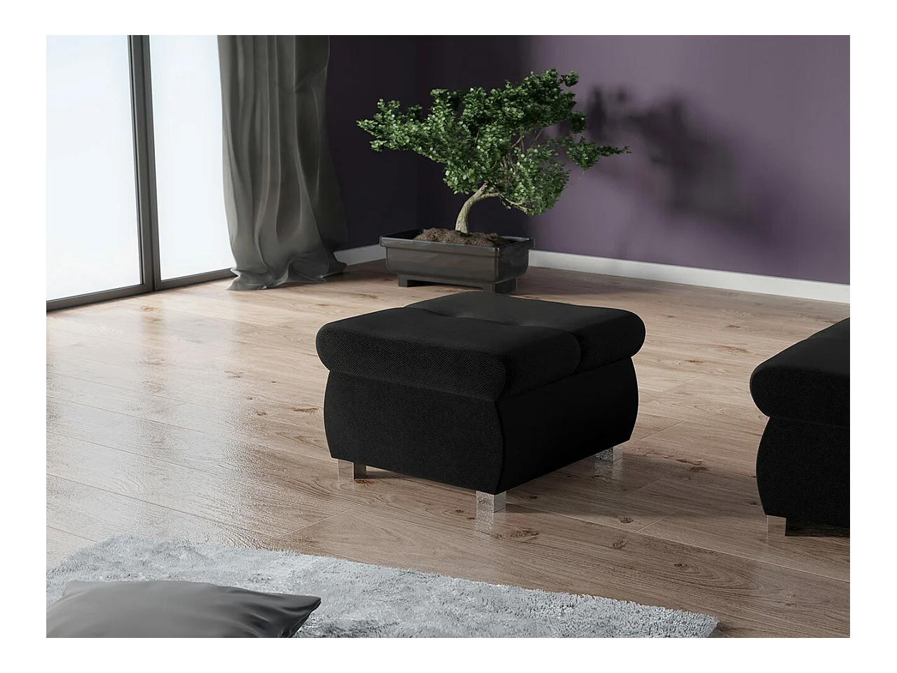 Pouf Comfivo 122, Noir, 39x60x60cm, Tapisserie, Pieds: Métal