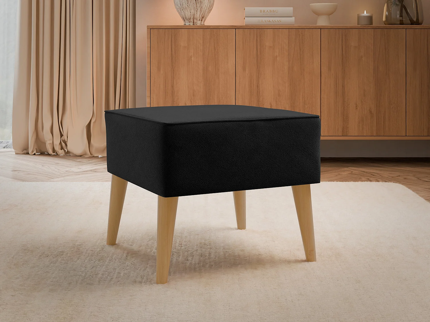 Puf Comfivo 205, Negro, 41x45x45cm, Tapiz, Patas: Madera