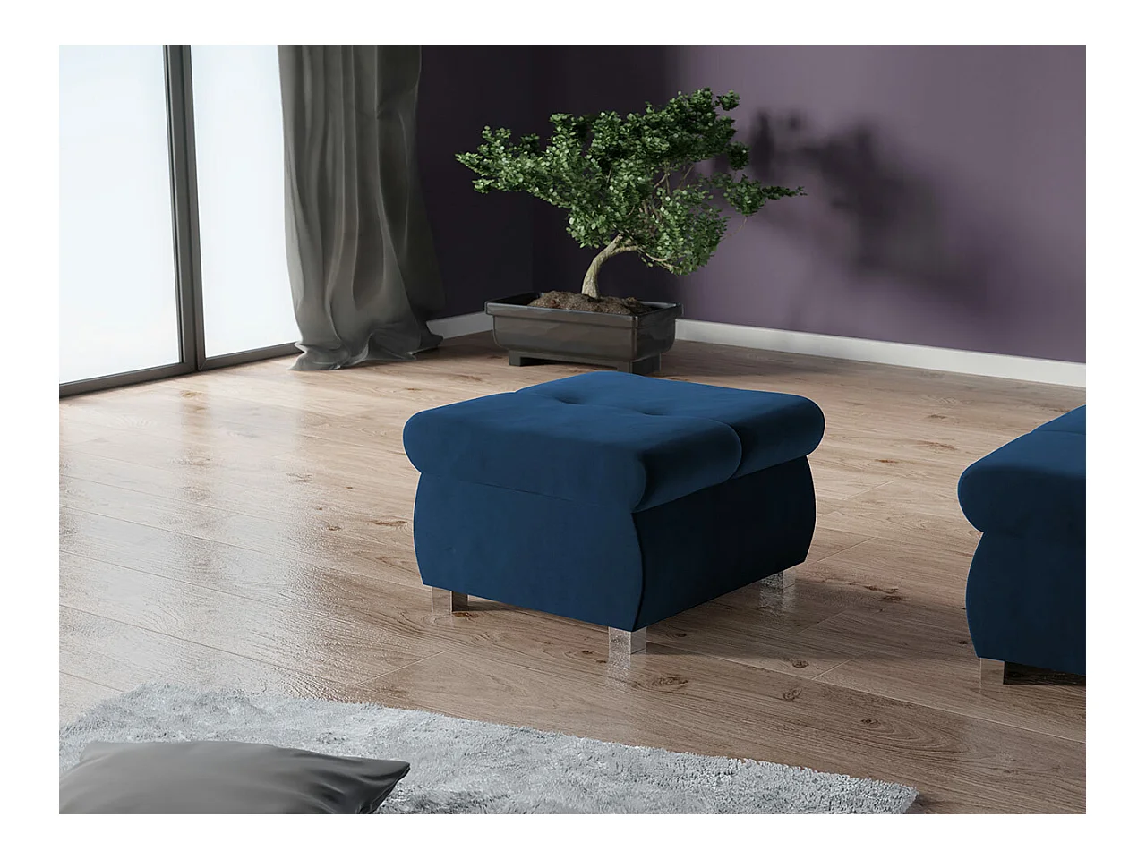Pouf Comfivo 122, Bleu, 39x60x60cm, Tapisserie, Pieds: Métal