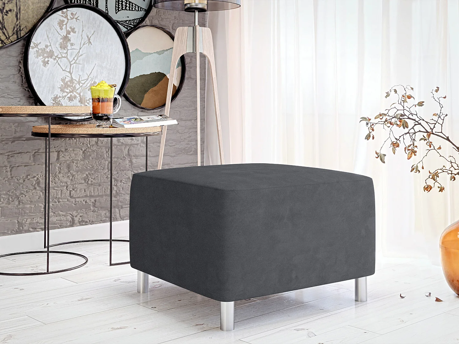Pouf Comfivo 126, Gris, 42x56x65cm, Tissu, Pieds: Plastique