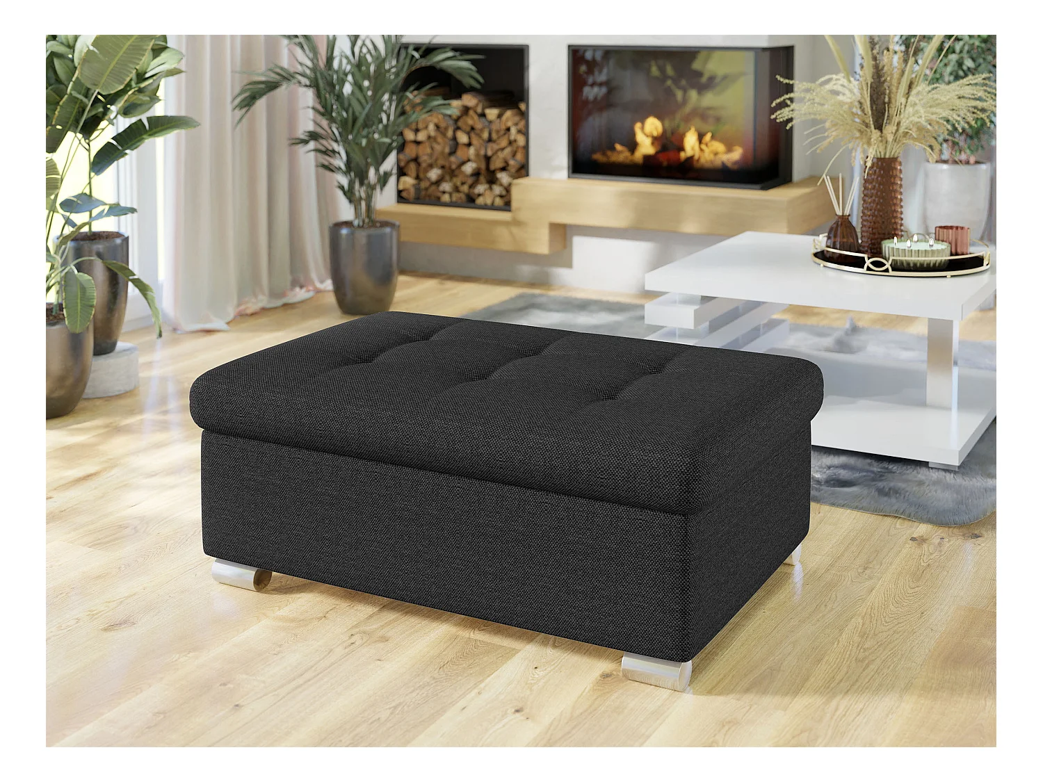 Pouf Comfivo 115, Noir, 41x68x70cm, Tapisserie, Pieds: Plastique