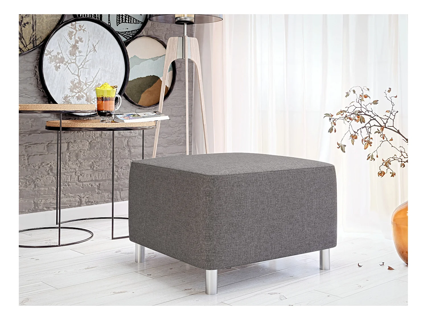 Pouf Comfivo 126, Gris, 42x56x65cm, Tapisserie, Pieds: Plastique