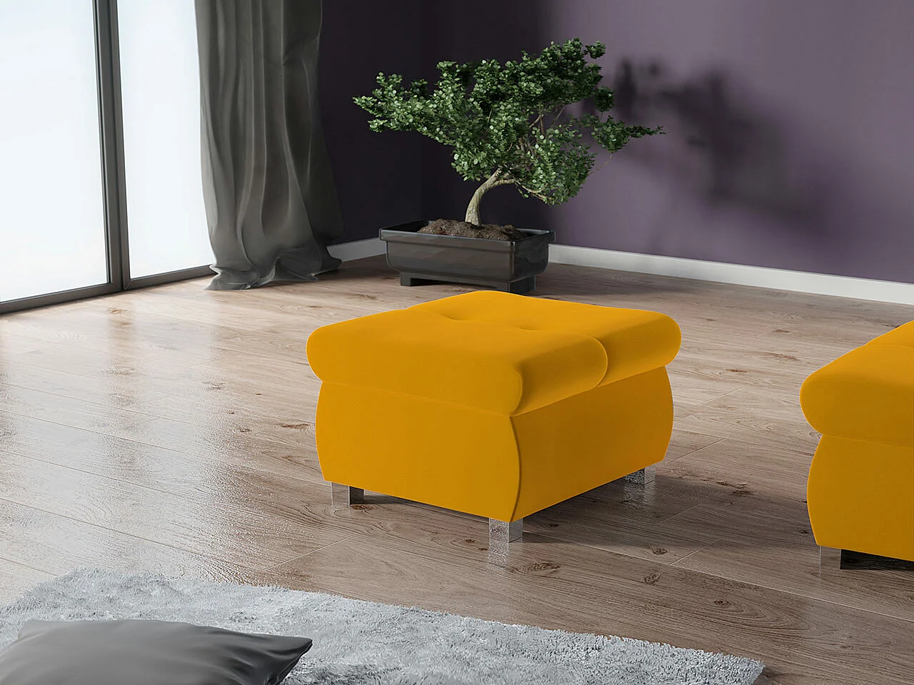 Pouf Comfivo 122, Jaune, 39x60x60cm, Tapisserie, Pieds: Métal