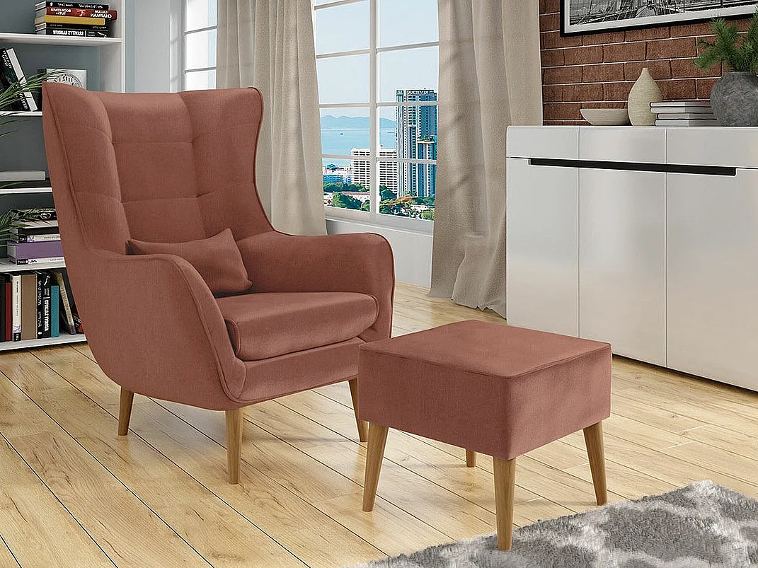 Pouf Comfivo 205, Rose, 41x45x45cm, Tapisserie, Pieds: Bois