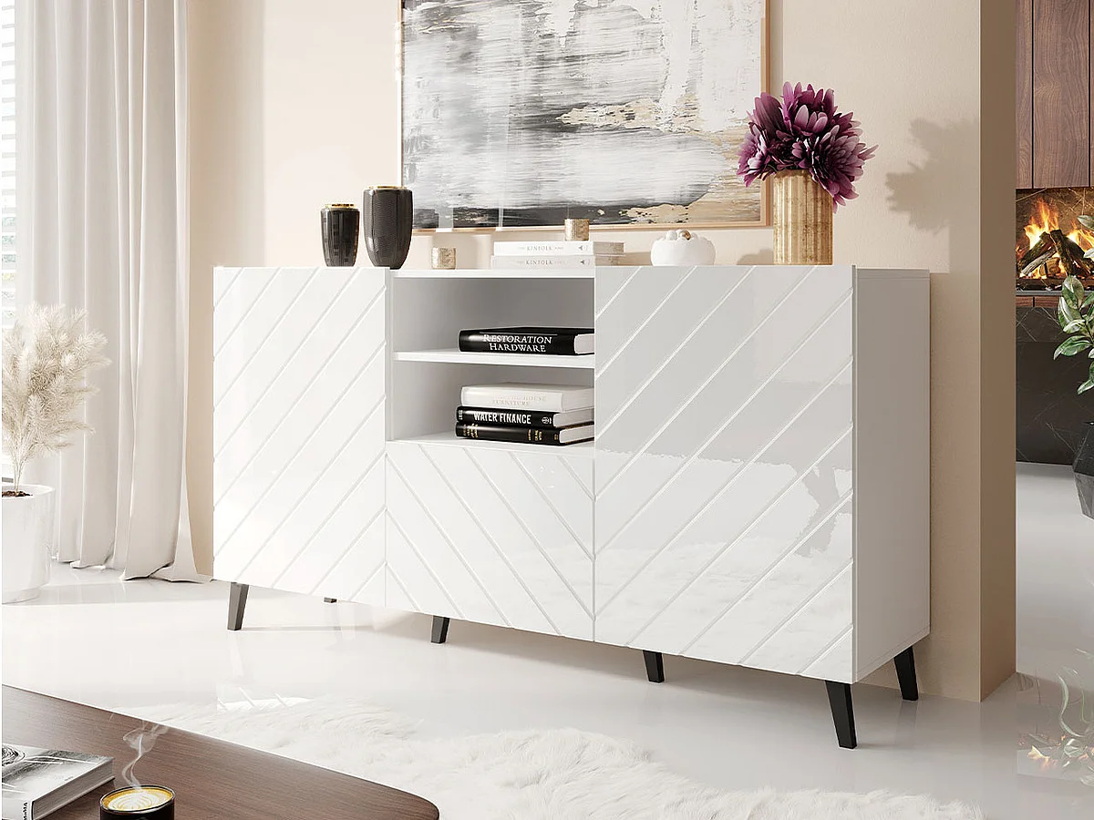 Cómoda Charlotte 143, Blanco brillante|Blanco, Con cajones y puertas, 82x150x42cm